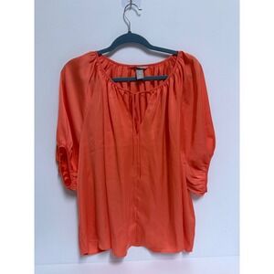 HM Coral Orange Tie Neck Keyhole Blouse Ruffle Sleeve Top Size L